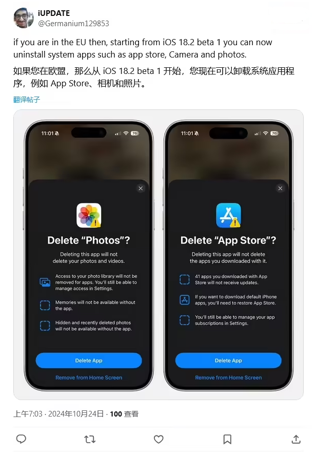 深圳苹果手机维修分享iOS 18.2 支持删除 App Store 应用商店 