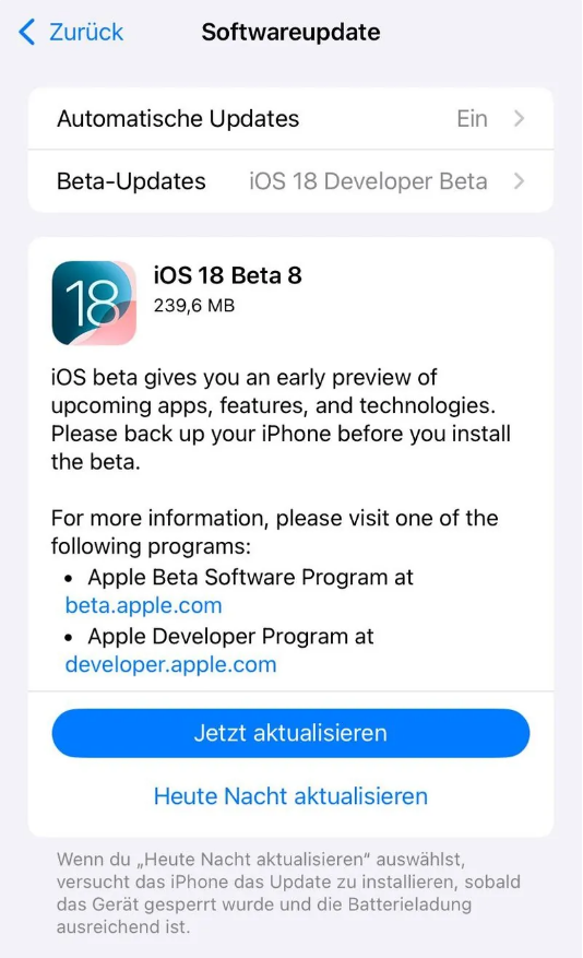 深圳苹果手机维修分享苹果 iOS / iPadOS 18 开发者预览版 Beta 8 发布 